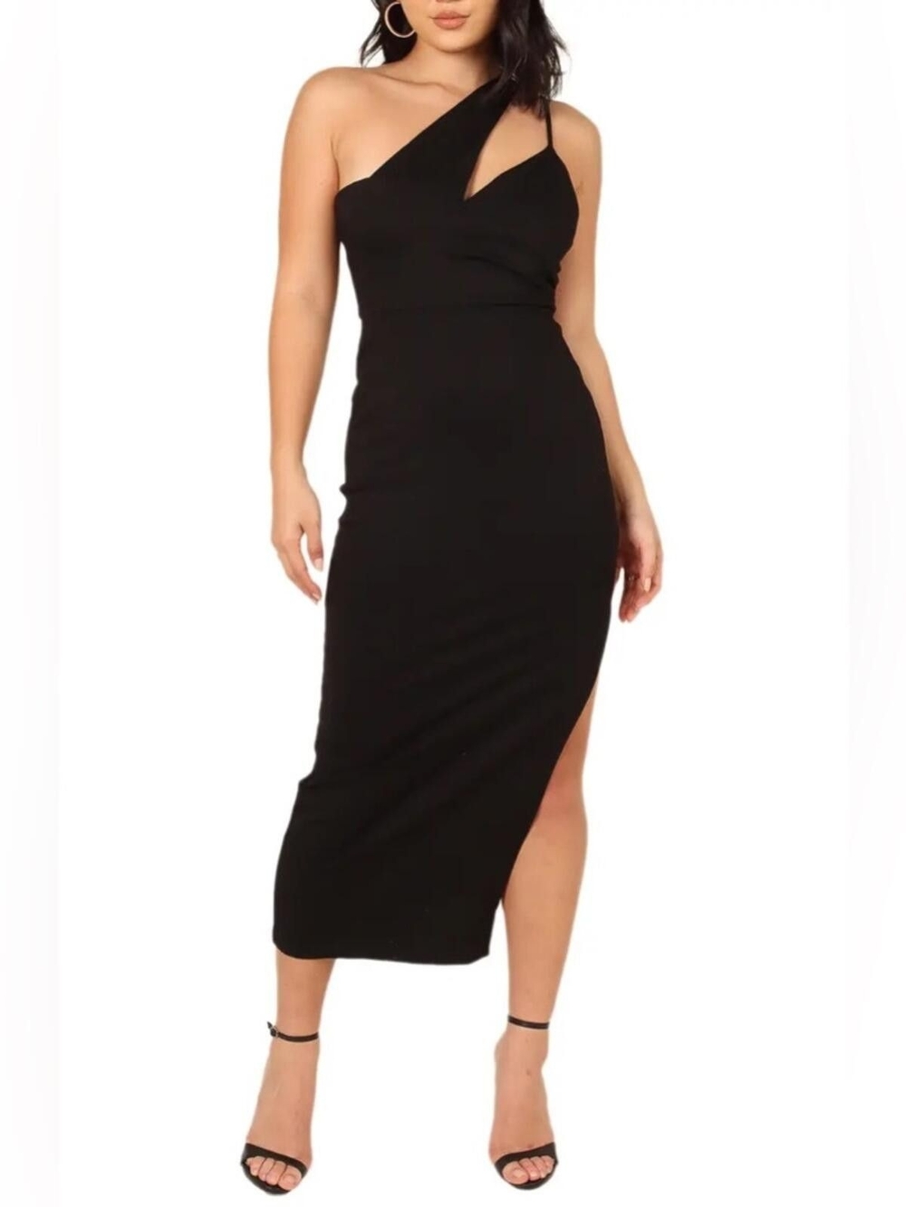 Petal & Pup Black Jolie One-Shoulder Midi Dress with Side Slit Sz 4